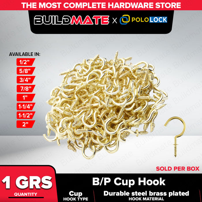 BUILDMATE x POLOLOCK B/P Cup Hook ½", ⅝", ¾", ⅞", 1", 1-¼", 1-½", 2" | Brass-Plated Steel Hook for Hanging & Organizing