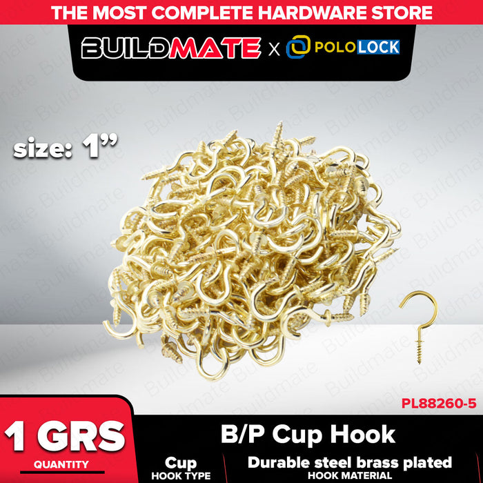 BUILDMATE x POLOLOCK B/P Cup Hook ½", ⅝", ¾", ⅞", 1", 1-¼", 1-½", 2" | Brass-Plated Steel Hook for Hanging & Organizing