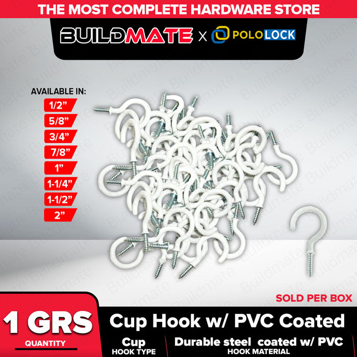 BUILDMATE x POLOLOCK Cup Hook with PVC Coating ½", ⅝", ¾", ⅞", 1", 1-¼", 1-½", 2" | Durable Wall & Ceiling Hook