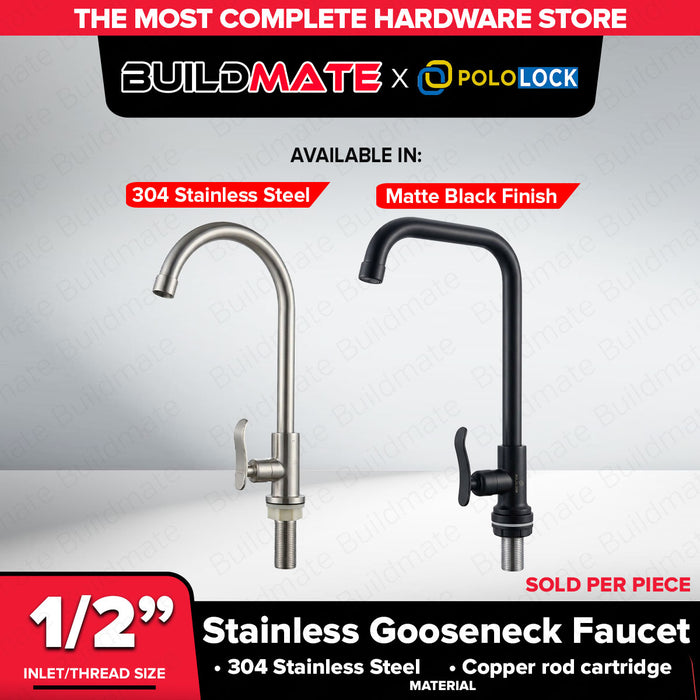 Buildmate x Pololock Gooseneck Sink Faucet 1/2" Round/Square 304 Stainless Steel Matte Black PLL-PL22188