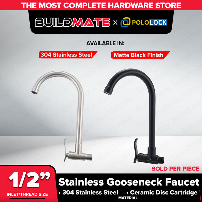 Buildmate x Pololock Wall-Mounted Gooseneck Faucet 1/2" 304 Stainless Steel/Matte Black PLL-PL22188