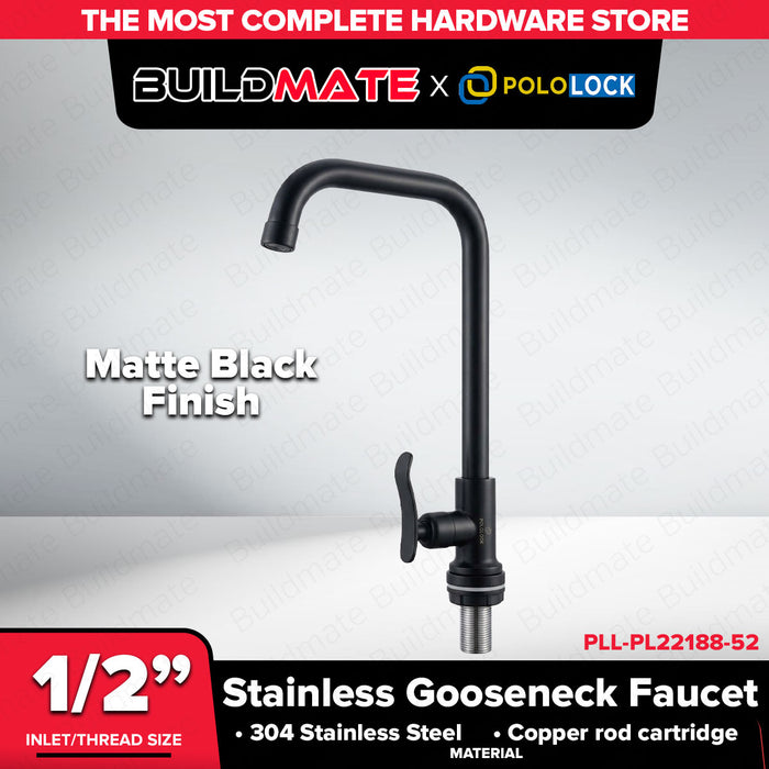 Buildmate x Pololock Gooseneck Sink Faucet 1/2" Round/Square 304 Stainless Steel Matte Black PLL-PL22188