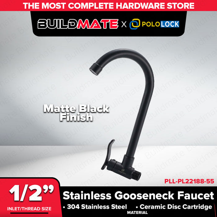 Buildmate x Pololock Wall-Mounted Gooseneck Faucet 1/2" 304 Stainless Steel/Matte Black PLL-PL22188