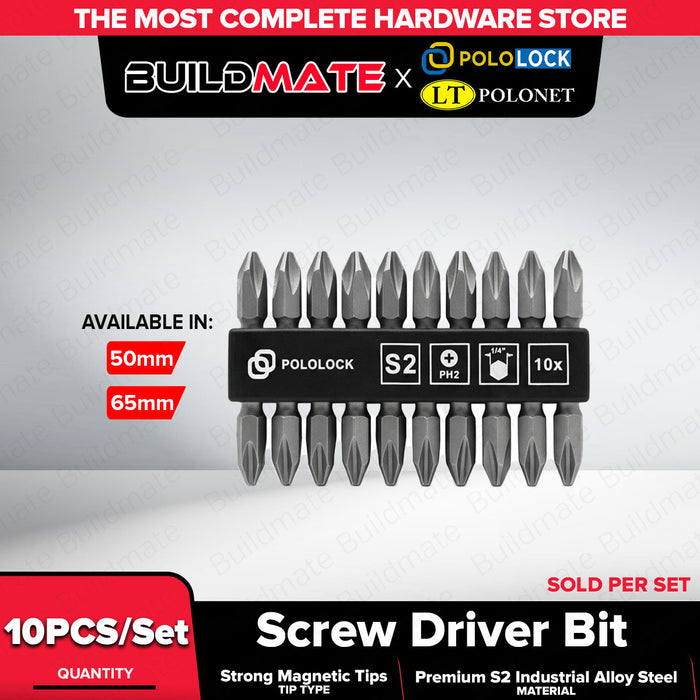 Buildmate x Pololock Screwdriver Bit Set 50mm & 65mm 10pcs S2 Steel PL66240