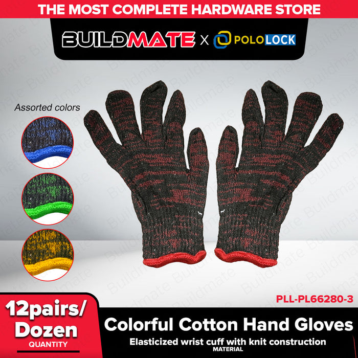Buildmate x Pololock Cotton Hand Gloves Assorted Colors 12 Pairs/Dozen Knitted PL66280-3