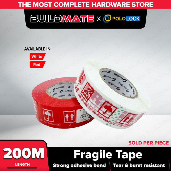 Buildmate x Pololock Fragile Tape 200M Strong Adhesive Tear-Resistant White/Red PL66443