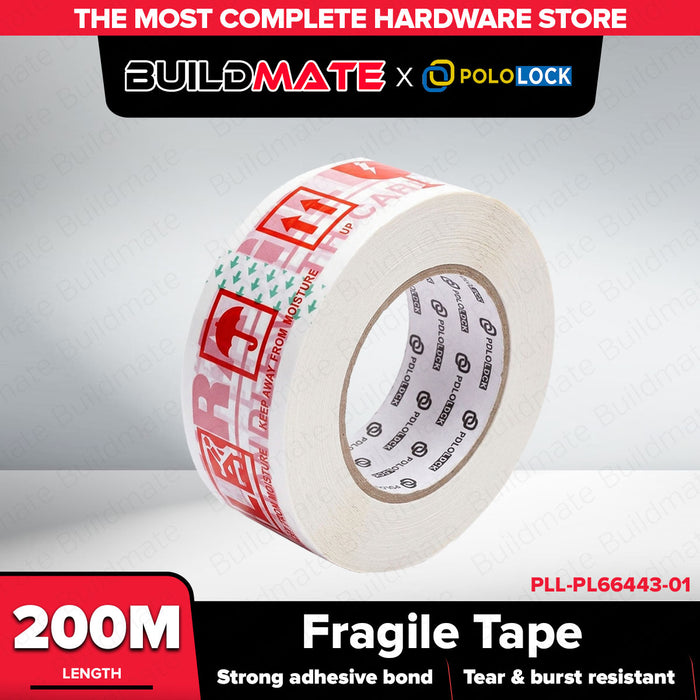 Buildmate x Pololock Fragile Tape 200M Strong Adhesive Tear-Resistant White/Red PL66443
