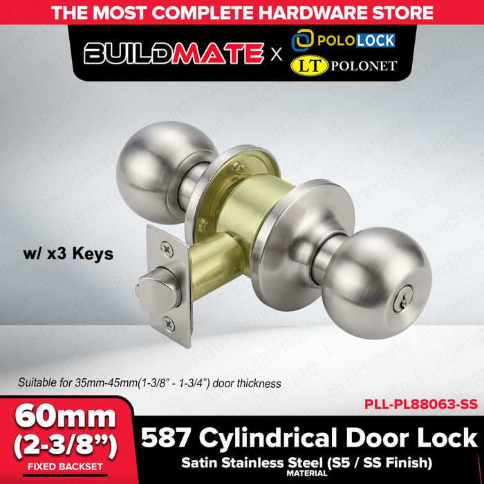 Buildmate x Pololock Polonet 587 Cylindrical Door Lock Satin Stainless Steel PLL-PL88063-SS