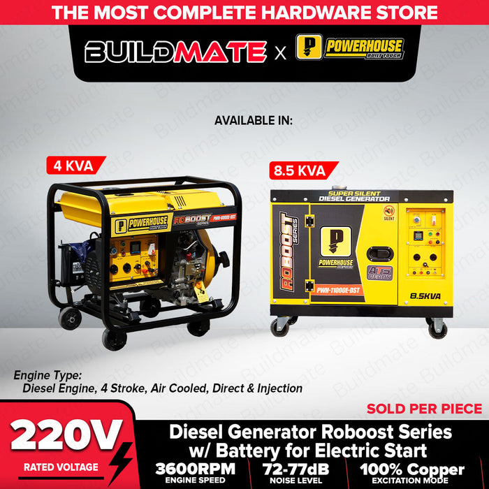 Buildmate x PowerHouse Roboost Diesel Generator 4–8.5KVA Electric Start 100% Copper PHI
