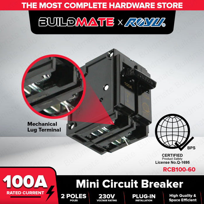 BUILDMATE Royu Mini Circuit Breaker Plug In Type Screw Terminal 2 Pole 15A | 20A | 30A | 40A | 60A | 100A Electrical Safety Breaker Safety Circuit Breaker Electrical Outlet Cover Electrical Circuit Safety Plug-In Breaker Mechanical Lug Terminal •