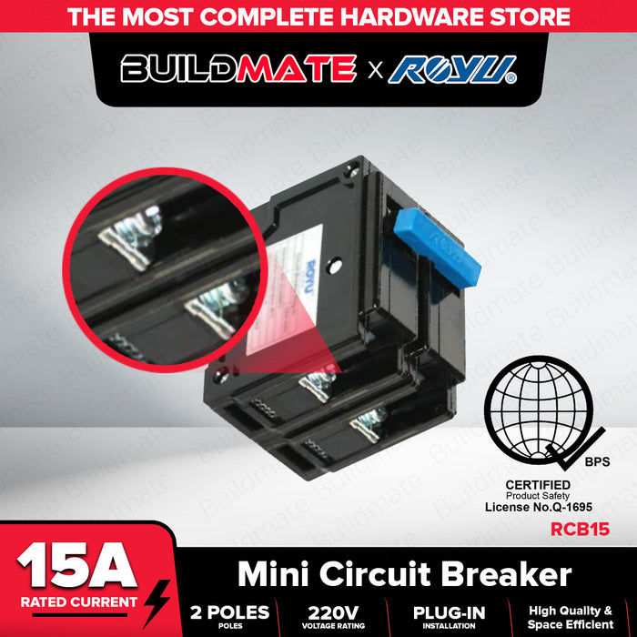 BUILDMATE Royu Mini Circuit Breaker Plug In Type Screw Terminal 2 Pole 15A | 20A | 30A | 40A | 60A | 100A Electrical Safety Breaker Safety Circuit Breaker Electrical Outlet Cover Electrical Circuit Safety Plug-In Breaker Mechanical Lug Terminal •