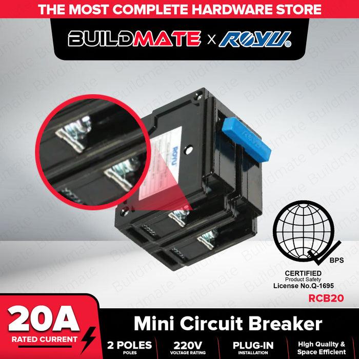 BUILDMATE Royu Mini Circuit Breaker Plug In Type Screw Terminal 2 Pole 15A | 20A | 30A | 40A | 60A | 100A Electrical Safety Breaker Safety Circuit Breaker Electrical Outlet Cover Electrical Circuit Safety Plug-In Breaker Mechanical Lug Terminal •