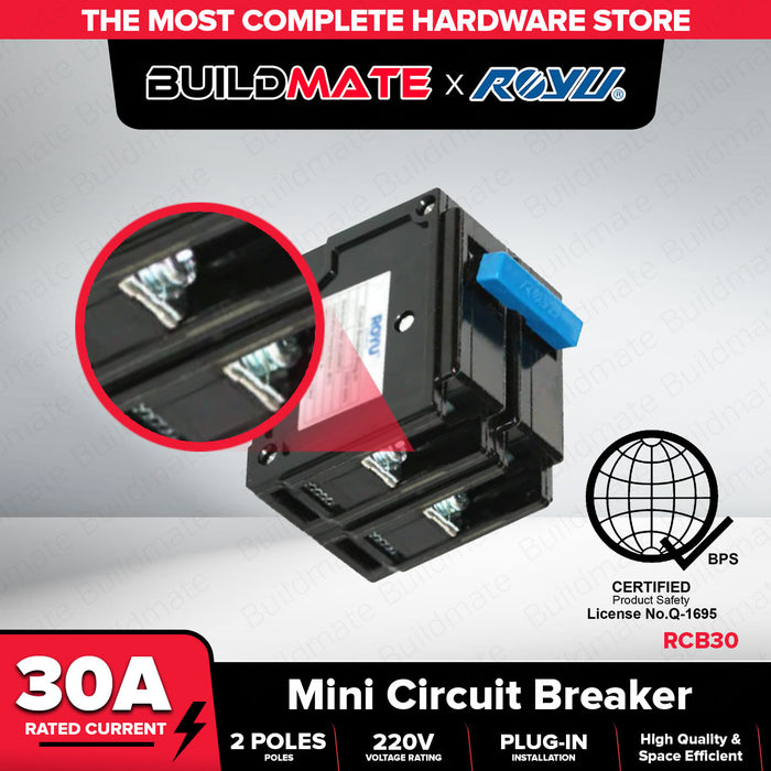 BUILDMATE Royu Mini Circuit Breaker Plug In Type Screw Terminal 2 Pole 15A | 20A | 30A | 40A | 60A | 100A Electrical Safety Breaker Safety Circuit Breaker Electrical Outlet Cover Electrical Circuit Safety Plug-In Breaker Mechanical Lug Terminal •