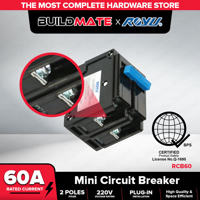BUILDMATE Royu Mini Circuit Breaker Plug In Type Screw Terminal 2 Pole 15A | 20A | 30A | 40A | 60A | 100A Electrical Safety Breaker Safety Circuit Breaker Electrical Outlet Cover Electrical Circuit Safety Plug-In Breaker Mechanical Lug Terminal •
