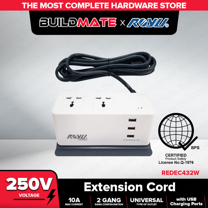 BUILDMATE Royu Desk Extension Cord With 3 USB 2 Gang Outlet and Phone Holder Electric Power Strip Universal Outlet Socket Surge Protector REDEC432W