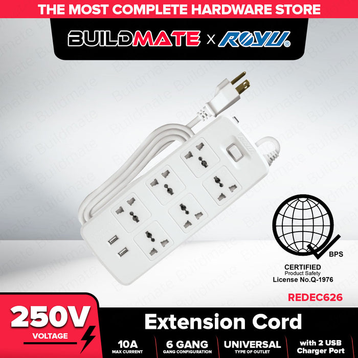 ROYU 6 GANG Extension Cord with 1 Main Switch & 2USB Port Power Strip REDEC626 •BUILDMATE•