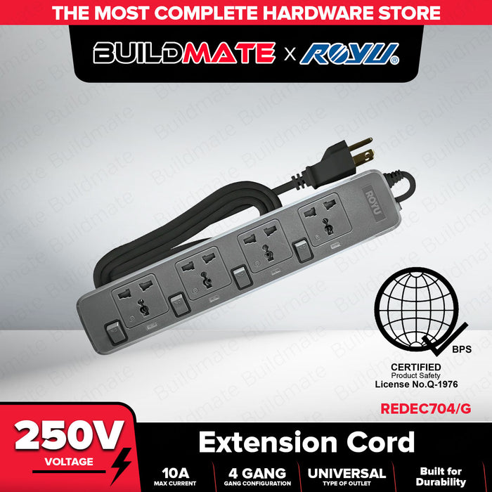 BUILDMATE Royu 4 GANG Extension Cord w/ Individual Switches Universal Electric Extension REDEC704G