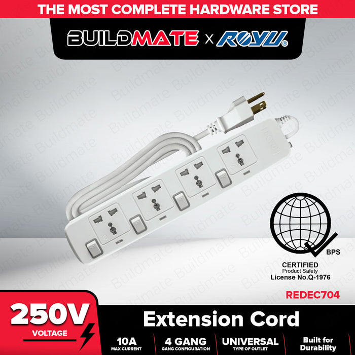 ROYU 4 GANG Extension Cord with Individual Switches Power Strip REDEC704 •BUILDMATE•