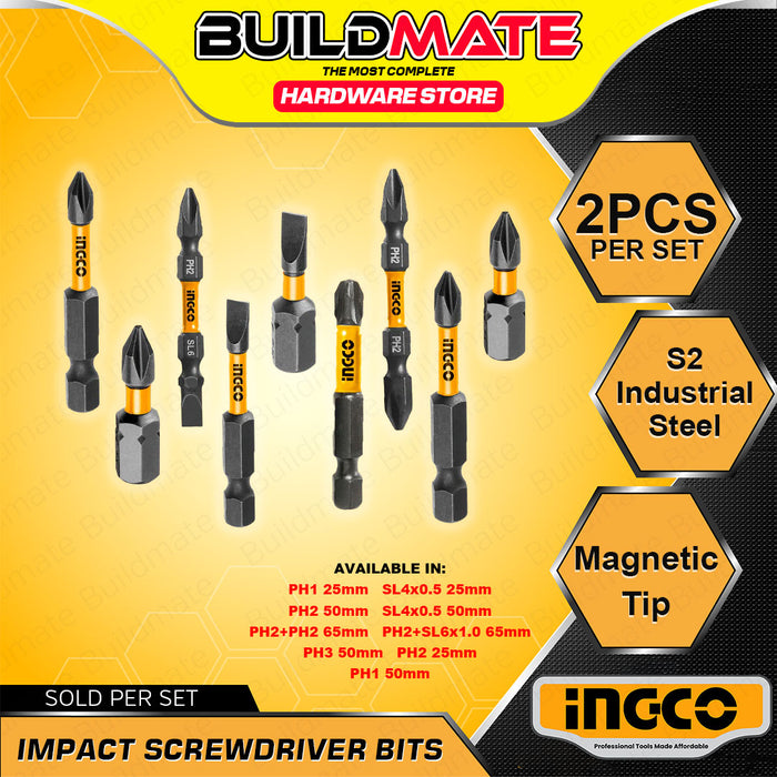 BUILDMATE Ingco 2PCS/SET Impact Screwdriver Bits 25MM - 65MM Black Surface with Magnet Phillips IHT