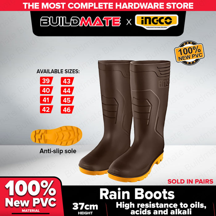 Buildmate x INGCO SSH098L Rain Boots | Brown PVC, Waterproof, Oil & Acid Resistant 39-41 IHT