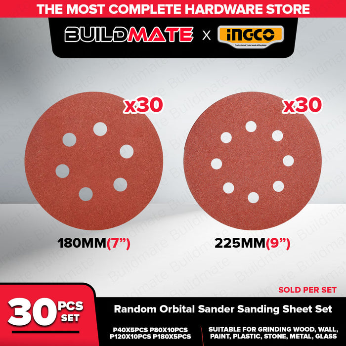 Buildmate x INGCO Random Orbital Sander Sanding Sheet Set 180mm 225mm 30PCS Assorted Grit Sandpaper for Wood Metal Wall Paint AKRS180030 AKRS225030 IHT
