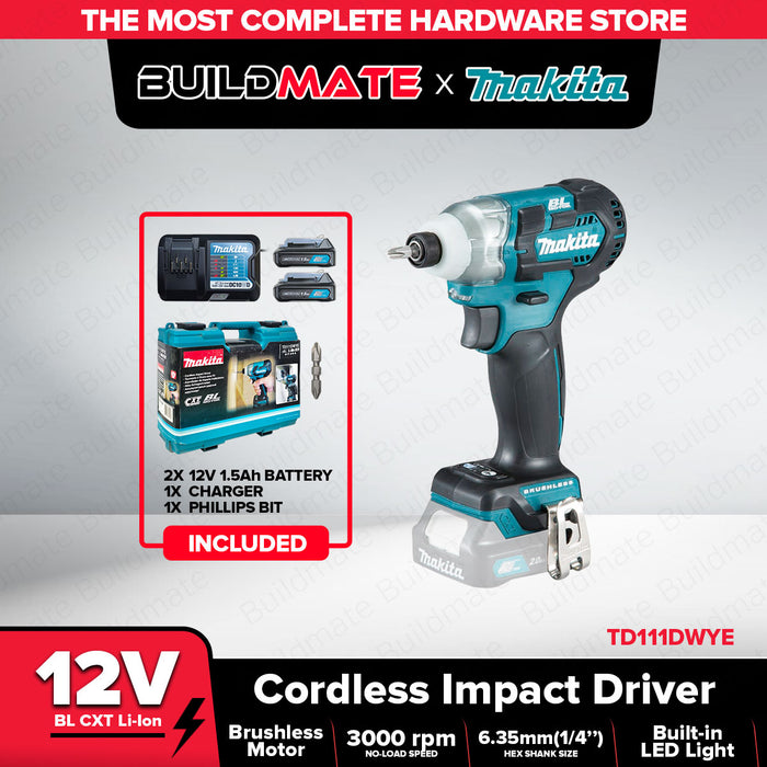 BUILDMATE Makita 12V Cordless Impact Driver / Drill Brushless Motor CXT Kit Set TD111DWYE