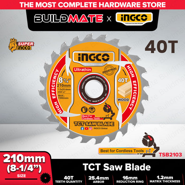 INGCO 8-1/4in(210mm) 40T Ultra Thin TCT Saw Blade For Wood TSB2103 IHT