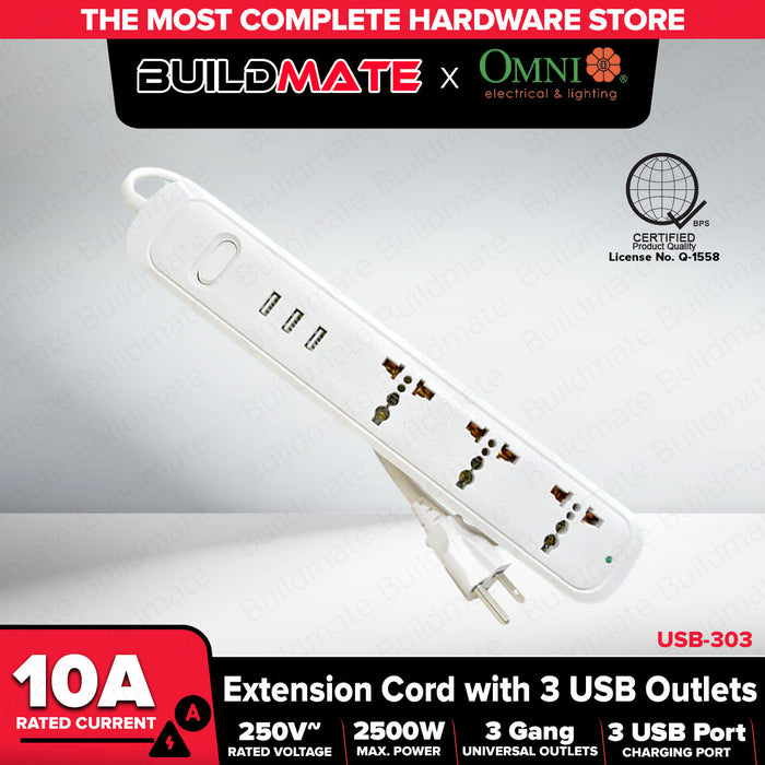 OMNI Travel Extension Cord with 3 USB Outlet Power Strip USB-303 •BUILDMATE•