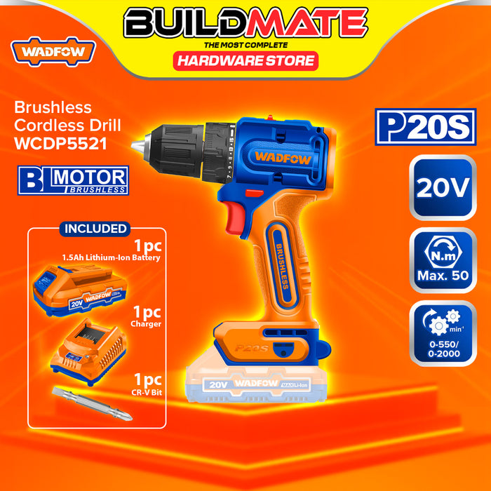 BUILDMATE Wadfow 20V Brushless Lithium-Ion Cordless Drill 0.8-10mm 2 Speed Gear Rechargeable Hand Drill Driver Power Tools WCDP5521 - WCPT