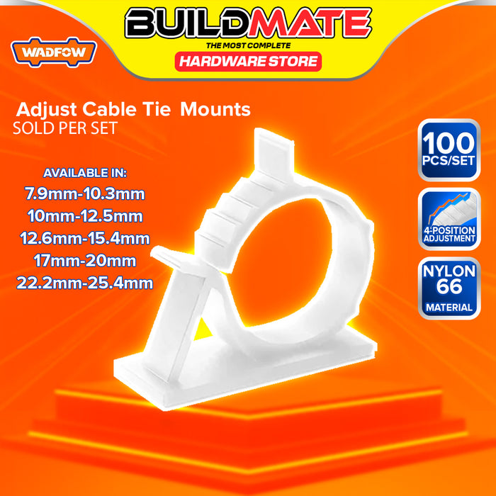BUILDMATE Wadfow 100pcs White Adjust Cable Tie Mounts 7.9-25.4mm Self-Adhesive Adjustable Wire Clamp Cable Ties Mounting Clip - WHT