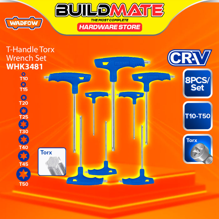 BUILDMATE Wadfow 8pcs T-Handle Wrench Set Torx / Ball Point / Hex Key With T-Shape Wrench Bar Handle Driver Spanner Grip Tool Repair Hand Tools Set - WHT