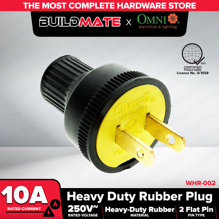 BUILDMATE Omni Heavy Duty Rubber Plug Black 10A 250V Rubberized 2 Flat Pin Durable Electrical Power Plug WHR002