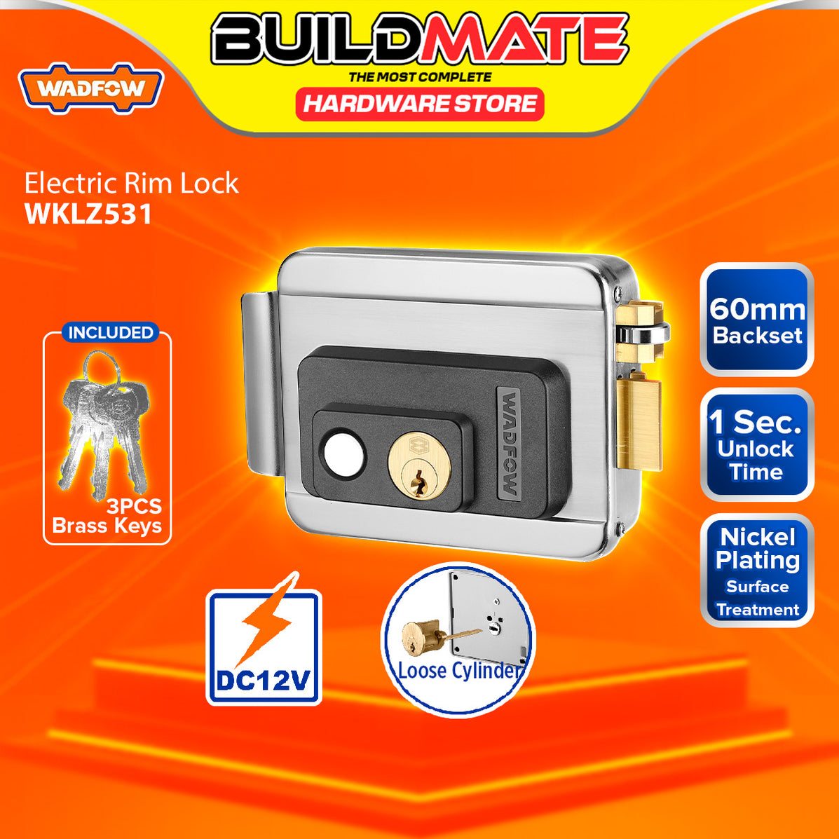 BUILDMATE Wadfow Electric Rim Lock 60mm Loose / Fixed Cylinder Right H ...