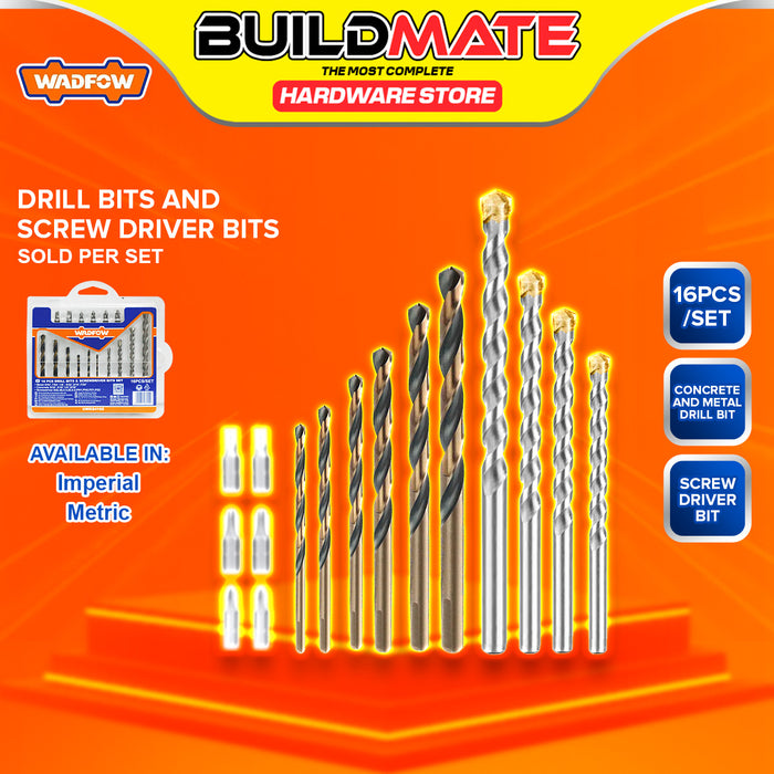 BUILDMATE Wadfow 16pcs Metal/Concrete Drill Bits & Screwdriver Bits Set Imperial / Metric DIY Tool Bit Assortment Accessories Kit For Home & Professional Use - WHT