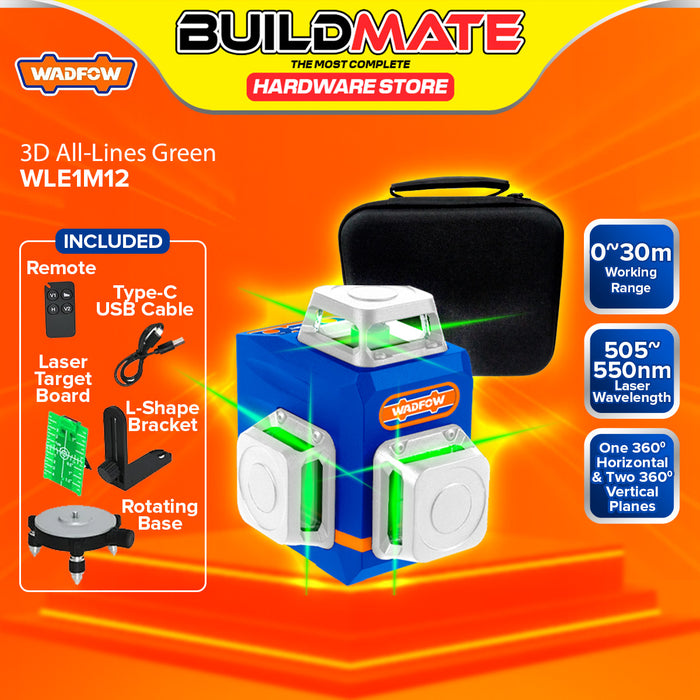 BUILDMATE Wadfow 3D Green Beam Self-Leveling Line Laser 0~30m Horizontal & Vertical Line 360° Laser Level Alignment Tool - WPT