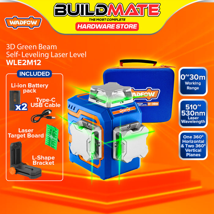 BUILDMATE Wadfow 3D Green Beam Self-Leveling Line Laser 0~30m Horizontal & Vertical Line 360° Laser Level Alignment Tool - WPT