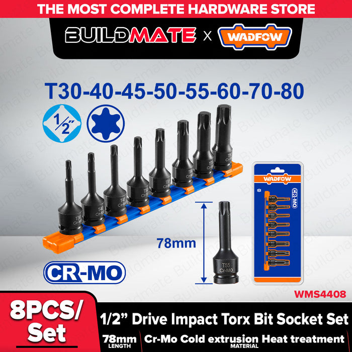 Buildmate x WADFOW 8PCS 1/2"DR Impact Torx Bit Socket Set WMS4408 WHT