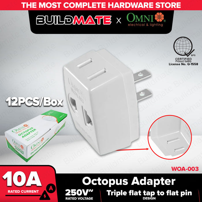 [WHOLESALE] BUILDMATE Omni 12PCS/BOX Octopus Adapter Triple Flat Tap to Flat Pin 10A 250V 3 Way Wall Tap Outlet Splitter AC Plug Adapter Socket WOA-003