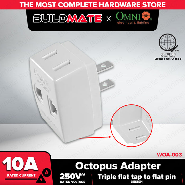 BUILDMATE Omni Octopus Adapter Triple Flat Tap to Flat Pin 10A 250V 3 Way Indoor Mini Wall Tap Outlet Splitter AC Plug Adapter Socket WOA-00