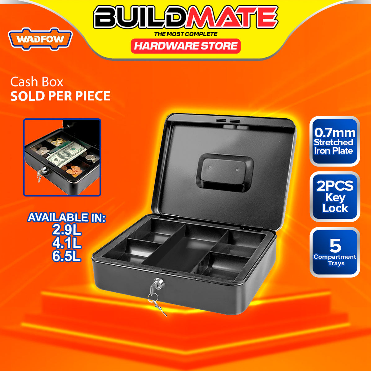 BUILDMATE Wadfow Cash Box With 5 Compartment Coin Tray Lockable Metal ...