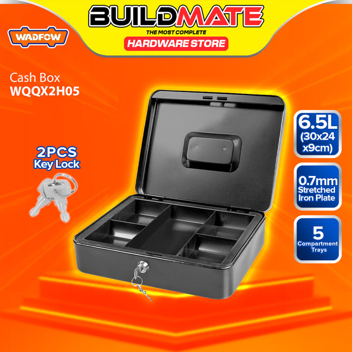 BUILDMATE Wadfow Cash Box With 5 Compartment Coin Tray Lockable Metal Secure Money Portable Cash Drawer Safe Box SOLD PER PIECE - WHT