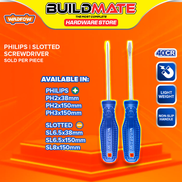 BUILDMATE Wadfow Screwdriver Phillips Cross / Slotted Flat Head Round Shank Magnetic Fastening Repair Hand Tools Screw Driver SOLD PER PIECE - WHT