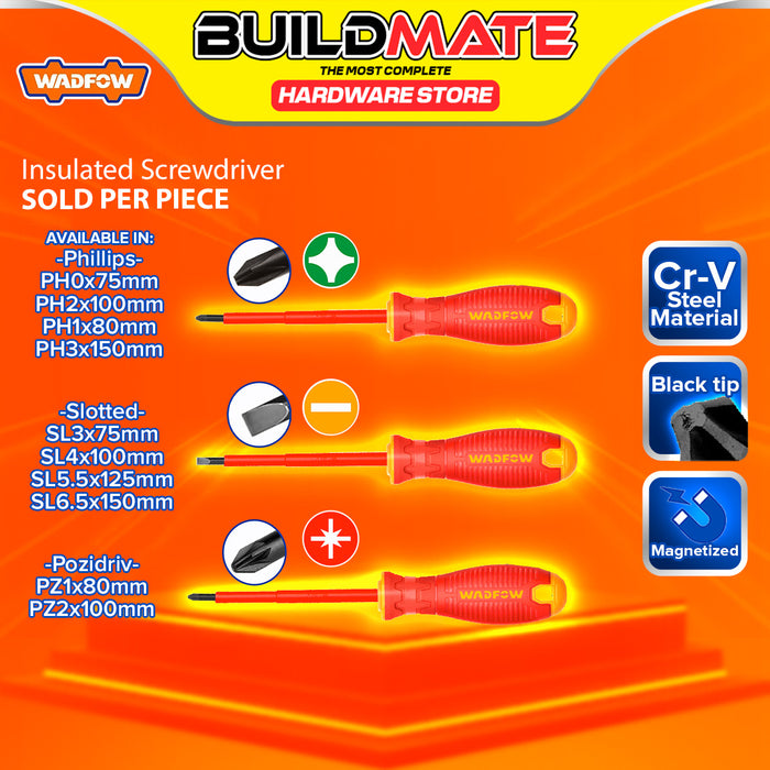 BUILDMATE Wadfow 1000V Insulated Screwdriver 75mm-150mm Phillips, Slotted, Pozidriv VDE Electrician Magnetic Screw Driver Fastening Repair Hand Tools - WHT