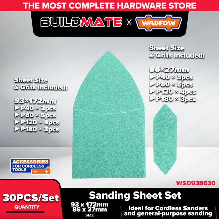 Wadfow 30pcs Sanding Sheets Set 93x172mm & 86x27mm P40-P180 Hook & Loop Sandpaper for Cordless Sanders WSD938630 - WHT
