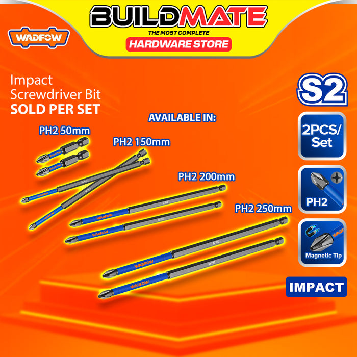 BUILDMATE Wadfow 2PCS/SET S2 Impact Screwdriver Bits PH2 50mm - 250mm Impact Fastening Driver Bits SOLD PER SET - WHT