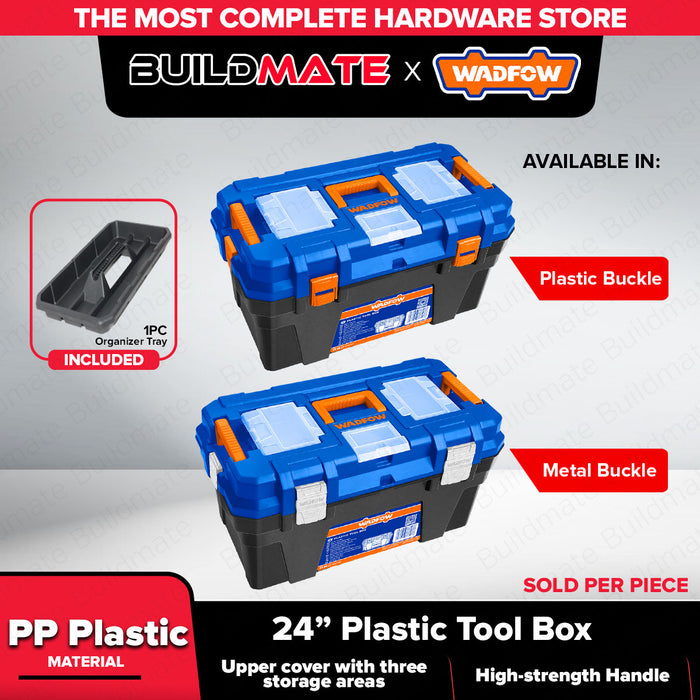 Wadfow 24" Heavy Duty Plastic / Metal Buckle Toolbox w/ Removable Tray Plastic Tool Storage Box Organizer With Lid Compartment & Handle SOLD PER PIECE - WHT