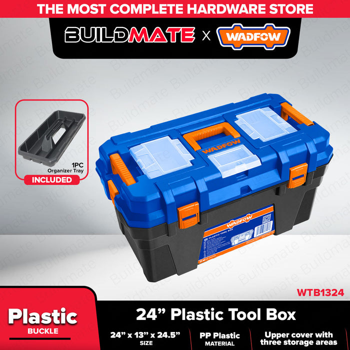 Wadfow 24" Heavy Duty Plastic / Metal Buckle Toolbox w/ Removable Tray Plastic Tool Storage Box Organizer With Lid Compartment & Handle SOLD PER PIECE - WHT