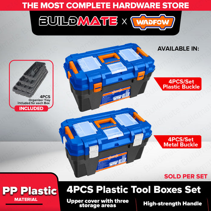 Wadfow 4pcs Metal / Plastic Buckle Tool Box Set w/ Trays Storage Compartments Stackable Plastic Tool Kit Organizer SOLD PER SET - WHT