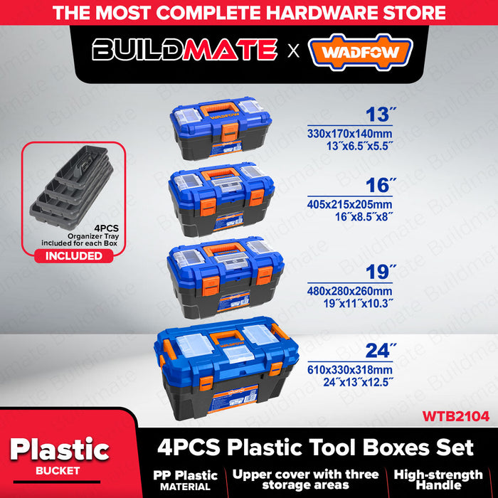 Wadfow 4pcs Metal / Plastic Buckle Tool Box Set w/ Trays Storage Compartments Stackable Plastic Tool Kit Organizer SOLD PER SET - WHT