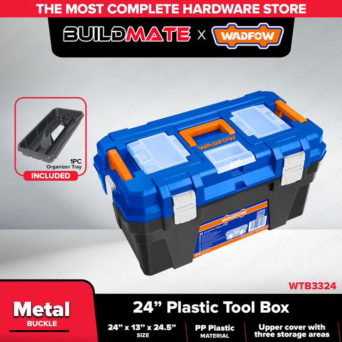 Wadfow 24" Heavy Duty Plastic / Metal Buckle Toolbox w/ Removable Tray Plastic Tool Storage Box Organizer With Lid Compartment & Handle SOLD PER PIECE - WHT